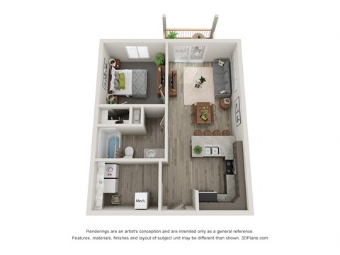 Floor plan for 1 bed, 1 bath, 683 sqft